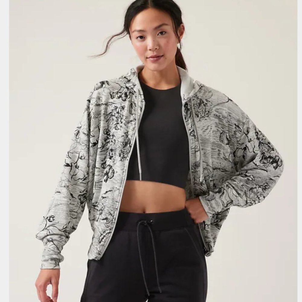 ATHLETA Women's Balance Modal Sweatshirt Hoodie, Grey/Black/White Floral, Medium